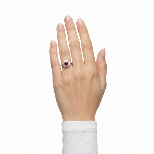925 Silver Ruby Halo Ring | Red Stone CZ Designer Ring