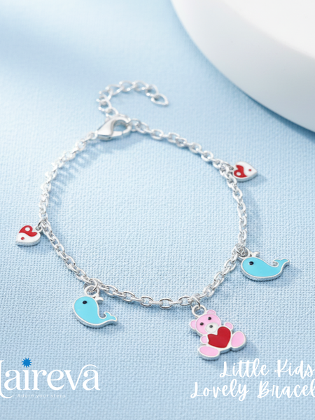 Teddy Bear & Whale Charm 925 Sterling Silver Kids Bracelet (5-Inch)