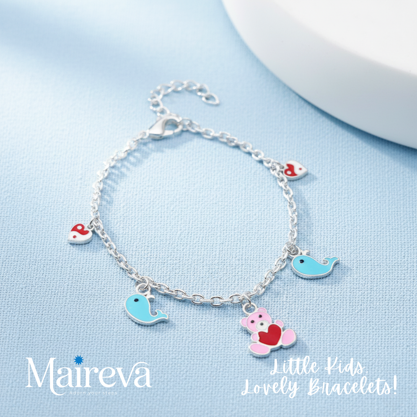 Teddy Bear & Whale Charm 925 Sterling Silver Kids Bracelet (5-Inch)