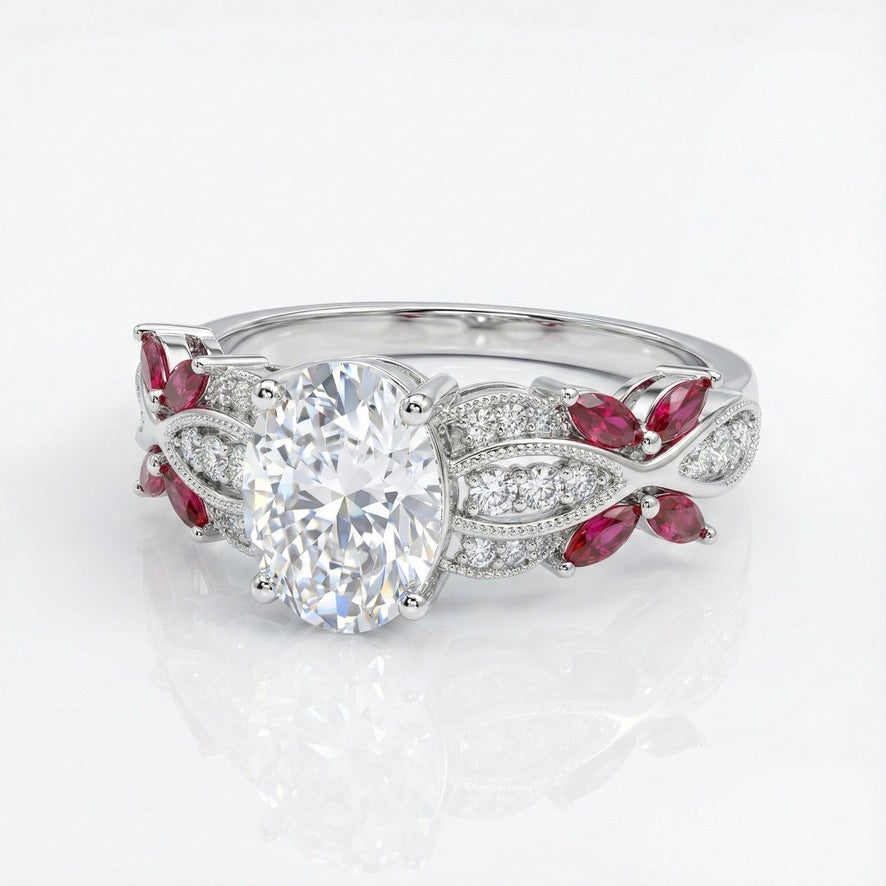 Pink Floral Silver Ring for Women | 925 CZ Oval Centerpiece Ring