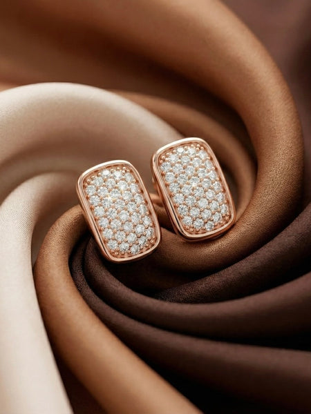 Rosette Pavé Rectangle Stud Earrings – 925 Silver (Rose Gold Polish)
