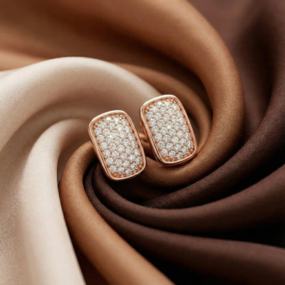 Rosette Pavé Rectangle Stud Earrings – 925 Silver (Rose Gold Polish)