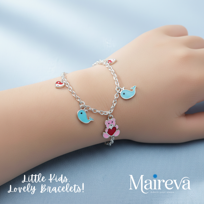 Teddy Bear & Whale Charm 925 Sterling Silver Kids Bracelet (5-Inch)