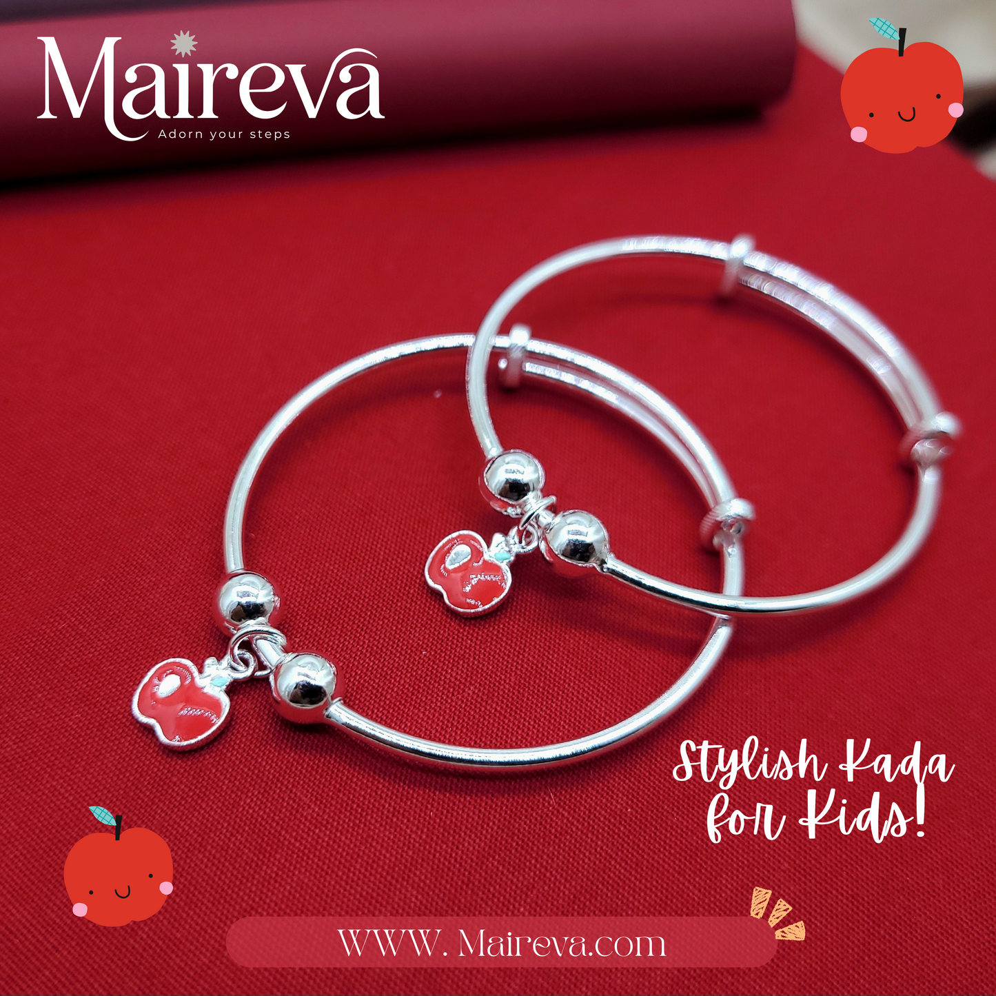 Sweet Apple Adjustable Kids Kada Set (13.6g) - 92.5 Silver