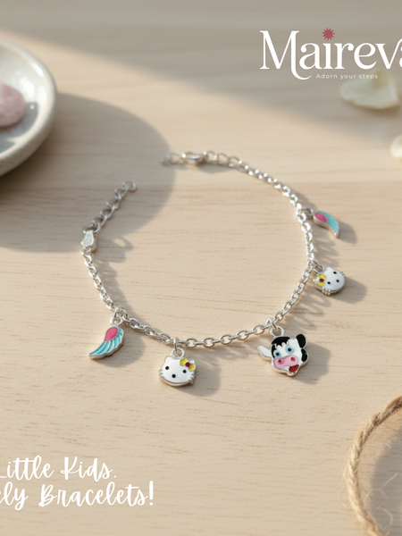 Cow & Hello Kitty Charm 925 Sterling Silver Kids Bracelet (5-Inch)