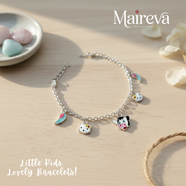 Cow & Hello Kitty Charm 925 Sterling Silver Kids Bracelet (5-Inch)