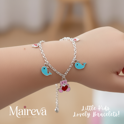 Teddy Bear & Whale Charm 925 Sterling Silver Kids Bracelet (5-Inch)