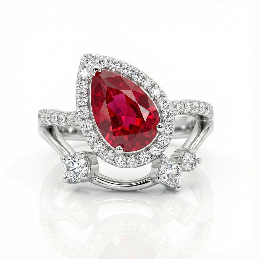 925 Silver Pear Ruby Halo Ring | Designer Red Stone Statement Ring