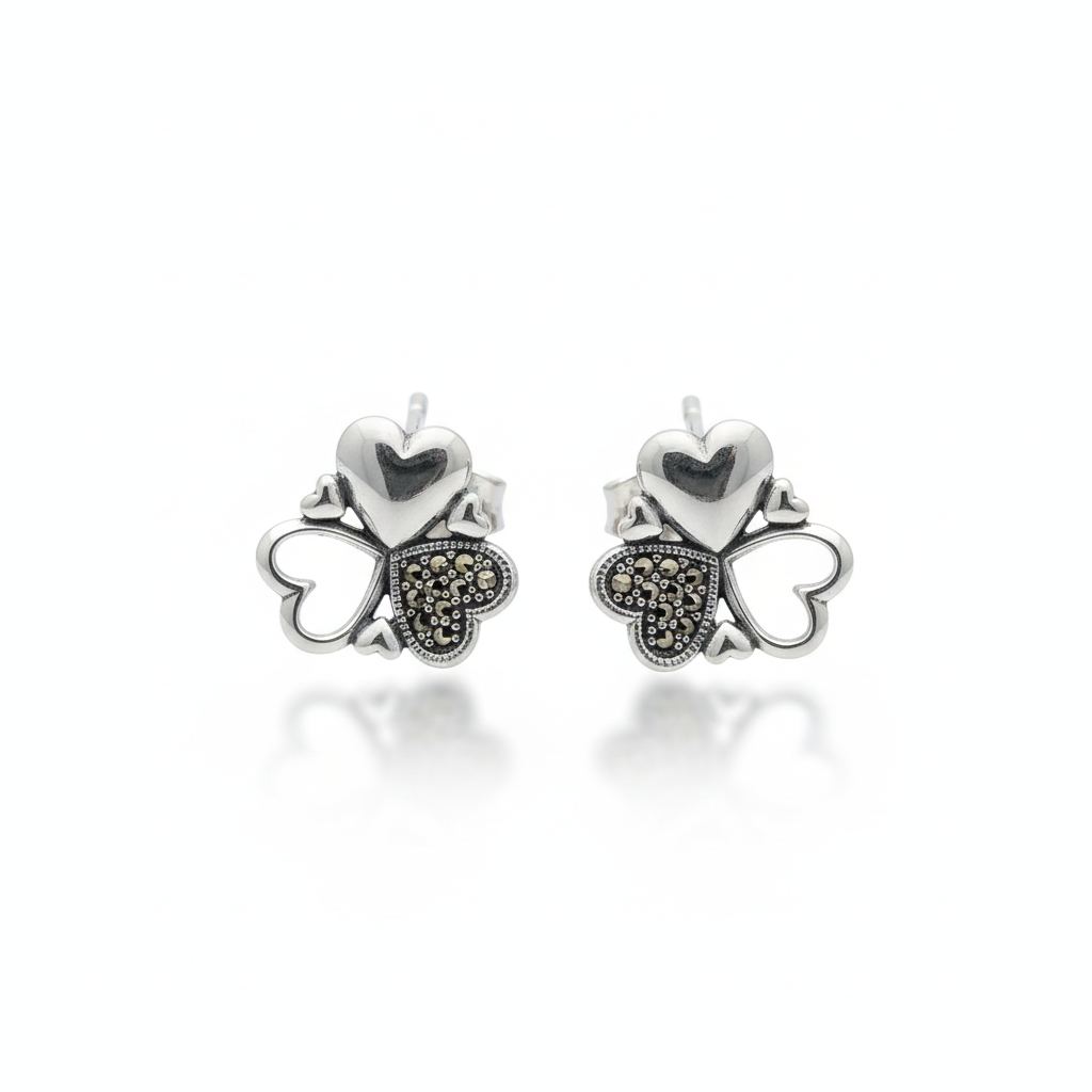 Marcasite Clover Heart Studs | Made With Pure 925 Silver