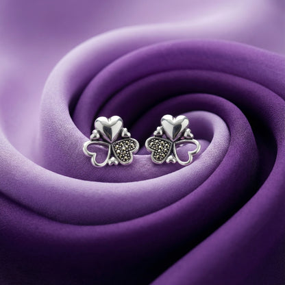 Marcasite Clover Heart Studs | Made With Pure 925 Silver