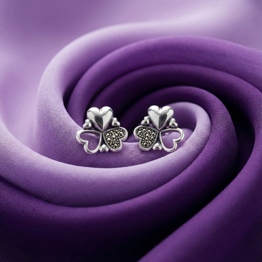 Marcasite Clover Heart Studs | Made With Pure 925 Silver