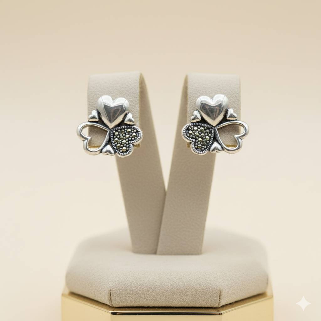 Marcasite Clover Heart Studs | Made With Pure 925 Silver