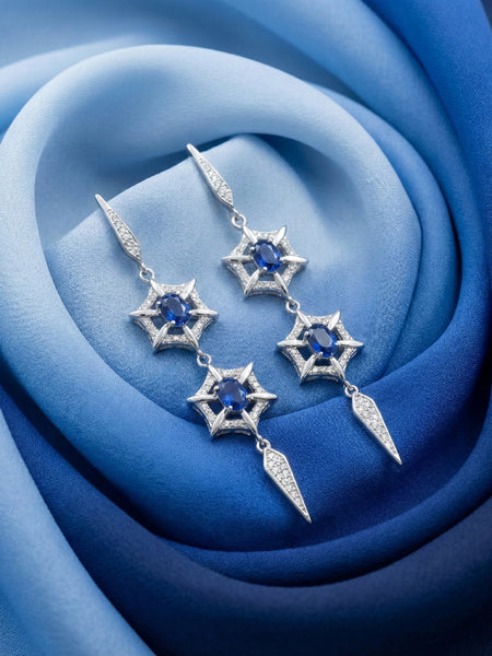 Starburst Sapphire Long Drop Earrings | Made With Pure 925 Silver