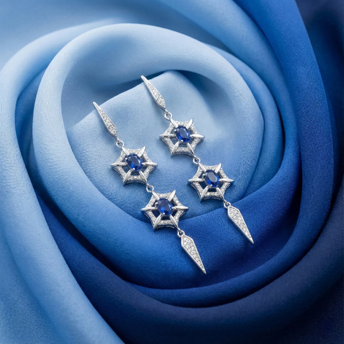 Starburst Sapphire Long Drop Earrings | Made With Pure 925 Silver