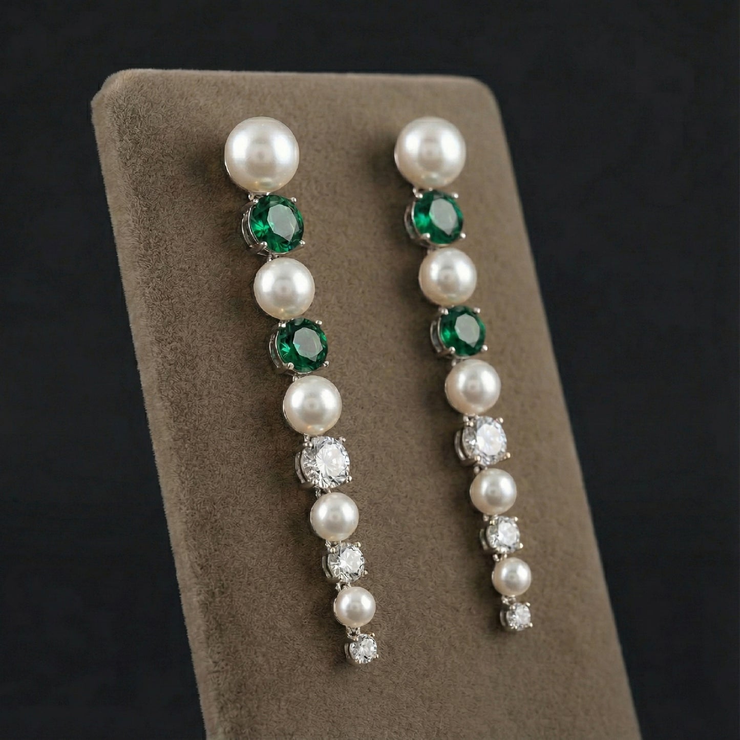 Elegant Pearl & Emerald Line Drops | Made With Pure 925 Silver