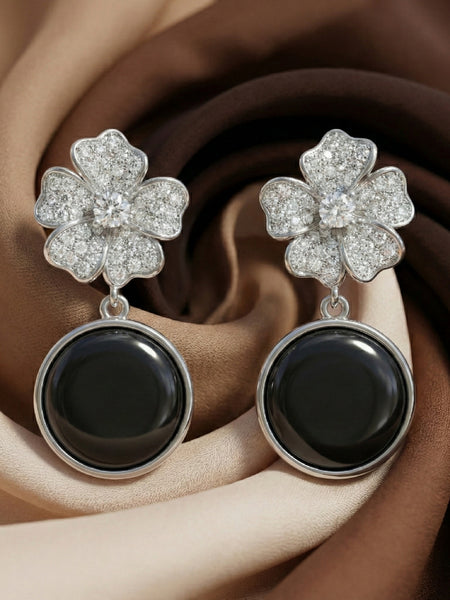 Floral Pave & Black Onyx Drops | Made With Pure 925 Silver