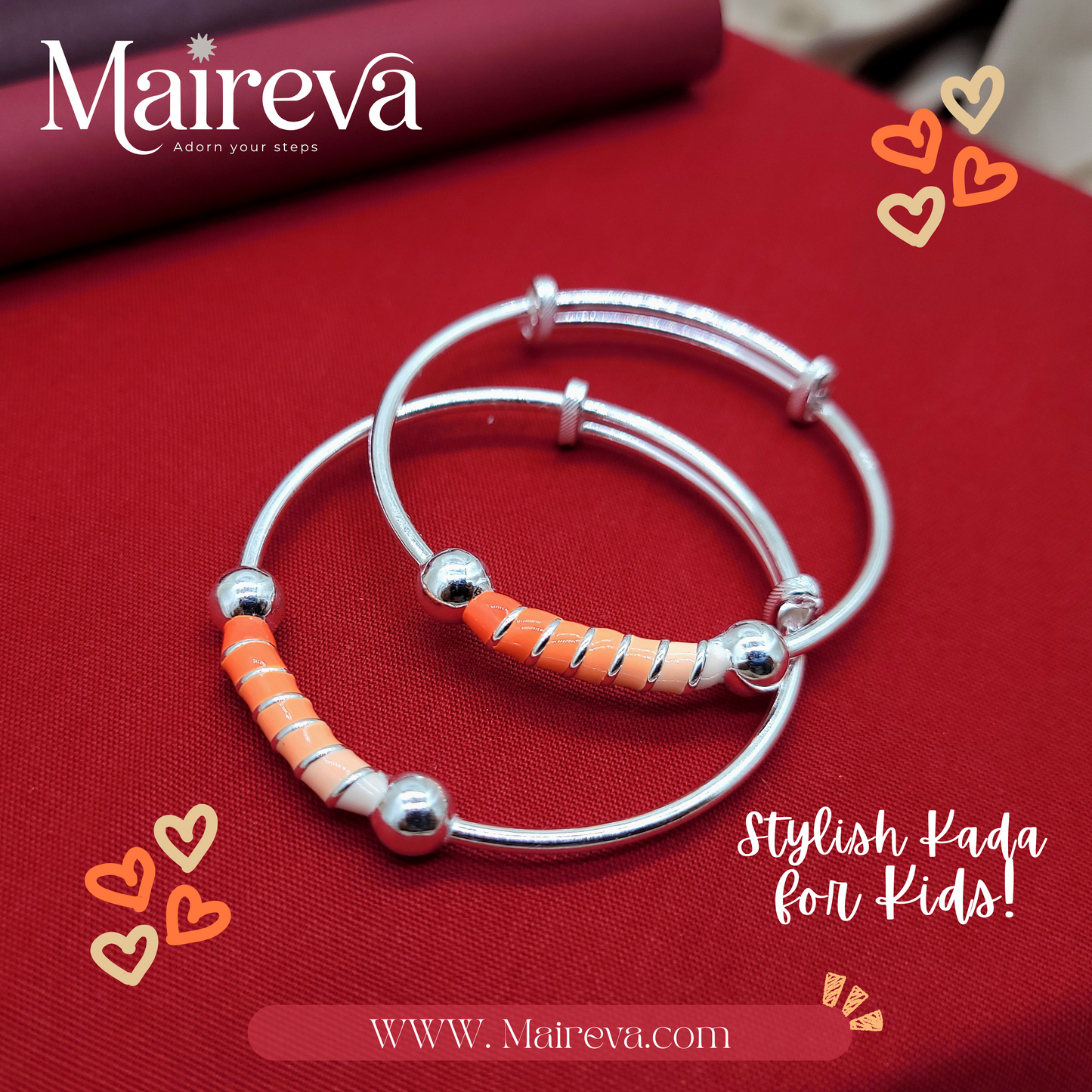 Orange Swirl Adjustable Kids Kada Set (13.9g) - 92.5 Silver