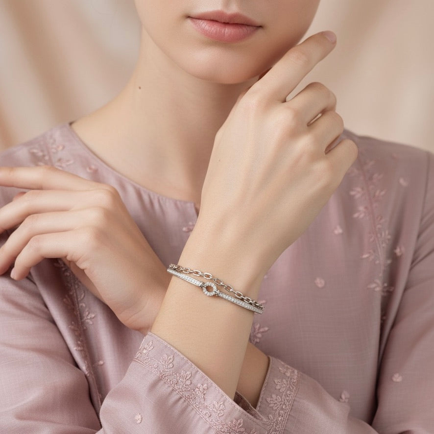 Silver Dual-Layer Adjustable Chain Bangle
