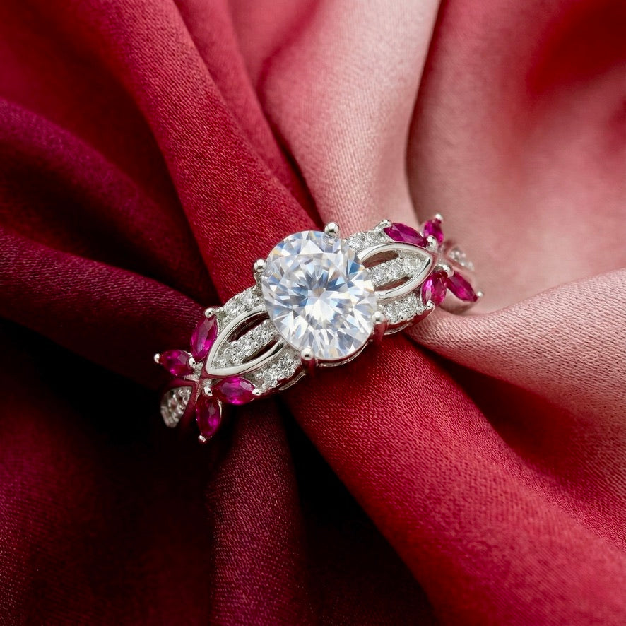 Pink Floral Silver Ring for Women | 925 CZ Oval Centerpiece Ring