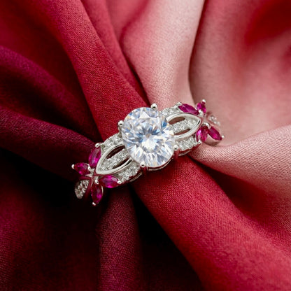 Pink Floral Silver Ring for Women | 925 CZ Oval Centerpiece Ring