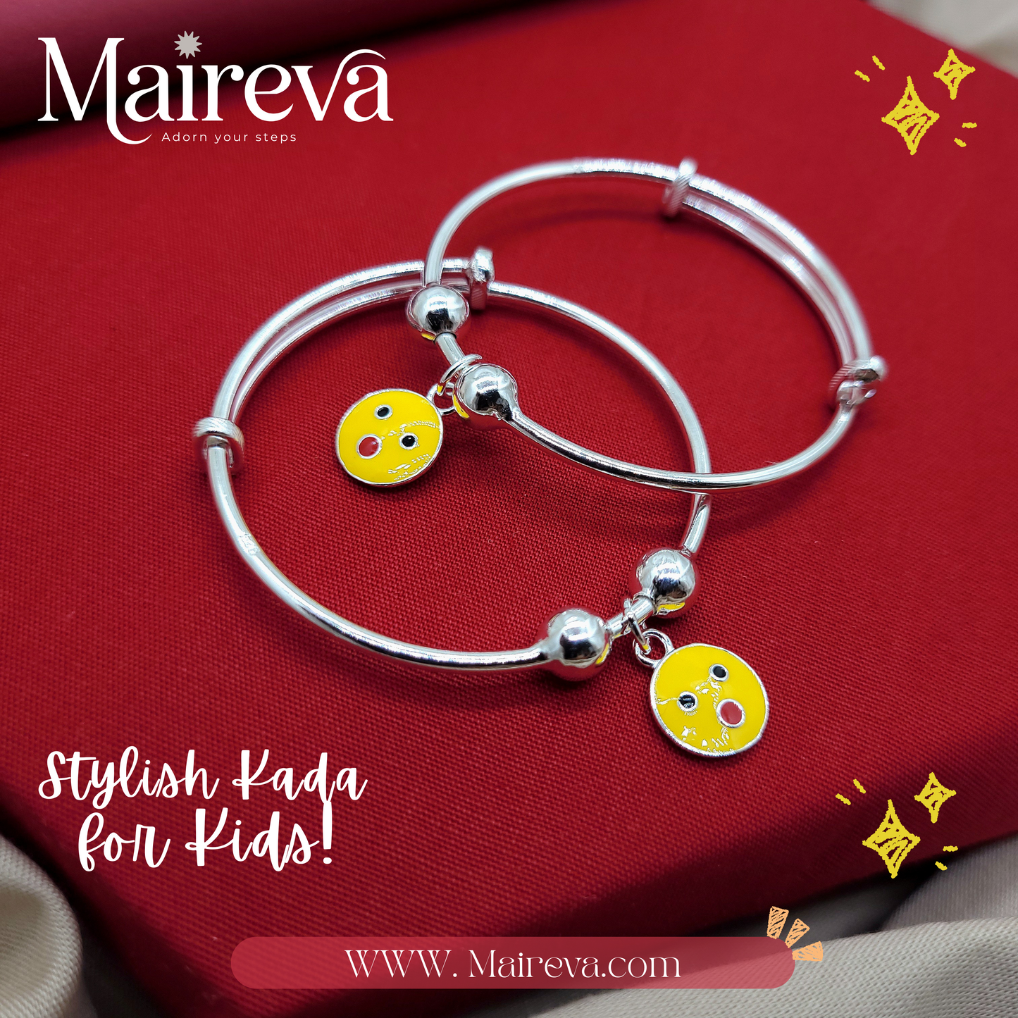 Happy Face Adjustable Kids Kada Set (14.2g) - 92.5 Silver