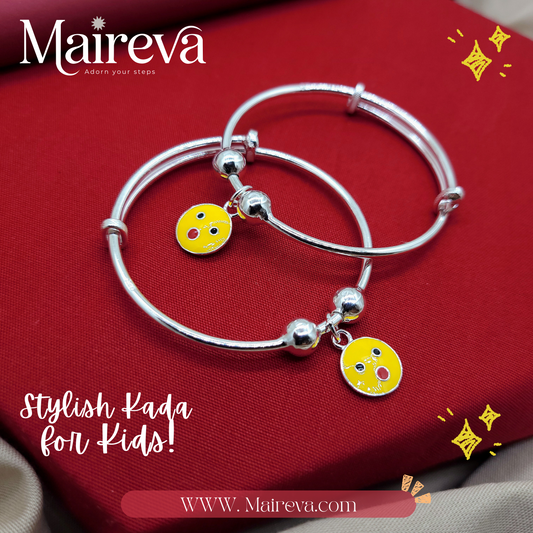 Happy Face Adjustable Kids Kada Set (14.2g) - 92.5 Silver