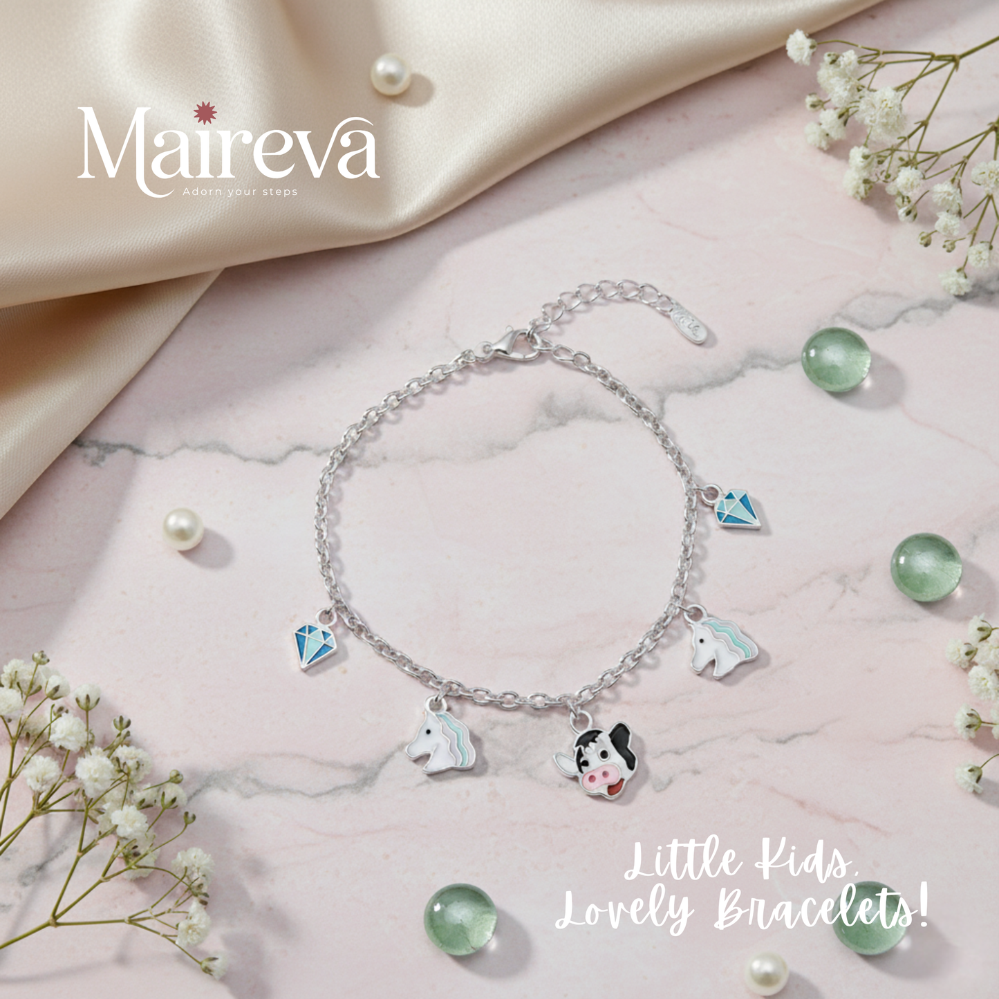 Magical Unicorn & Diamond Charm Kids Bracelet (5 Inch)