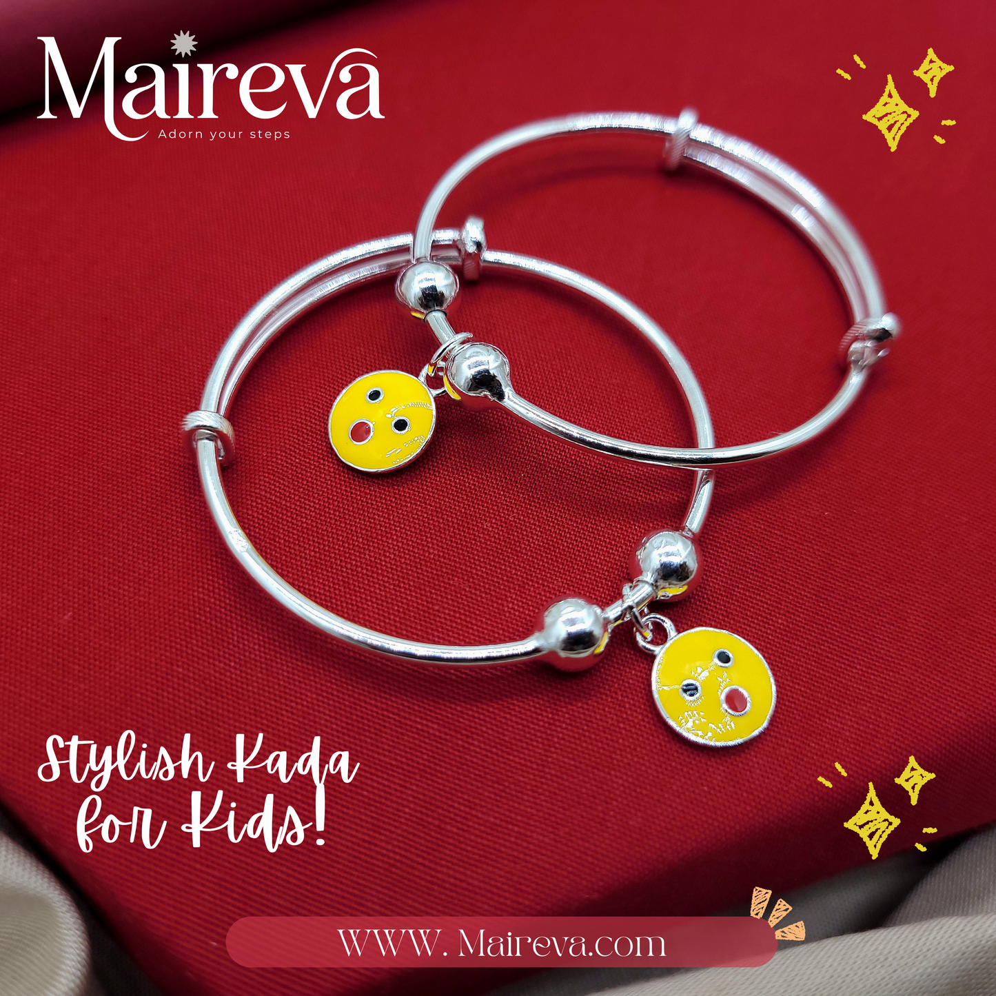 Happy Face Adjustable Kids Kada Set (14.2g) - 92.5 Silver