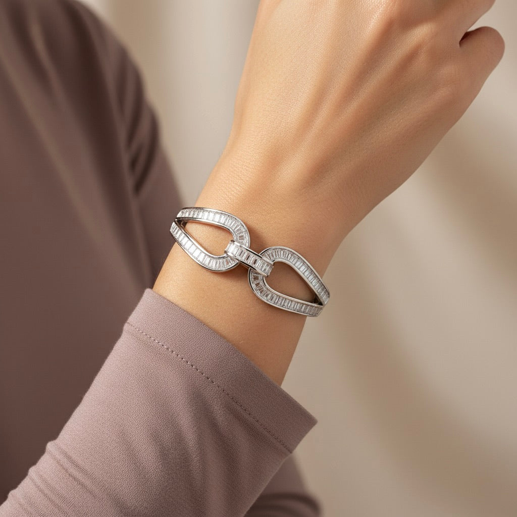 925 Silver Twin Curve Baguette Diamond-Style Fixed Bangle for Women
