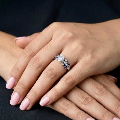 925 Silver Blue Sapphire Leaf Ring | Elegant CZ & Blue Stone Ring