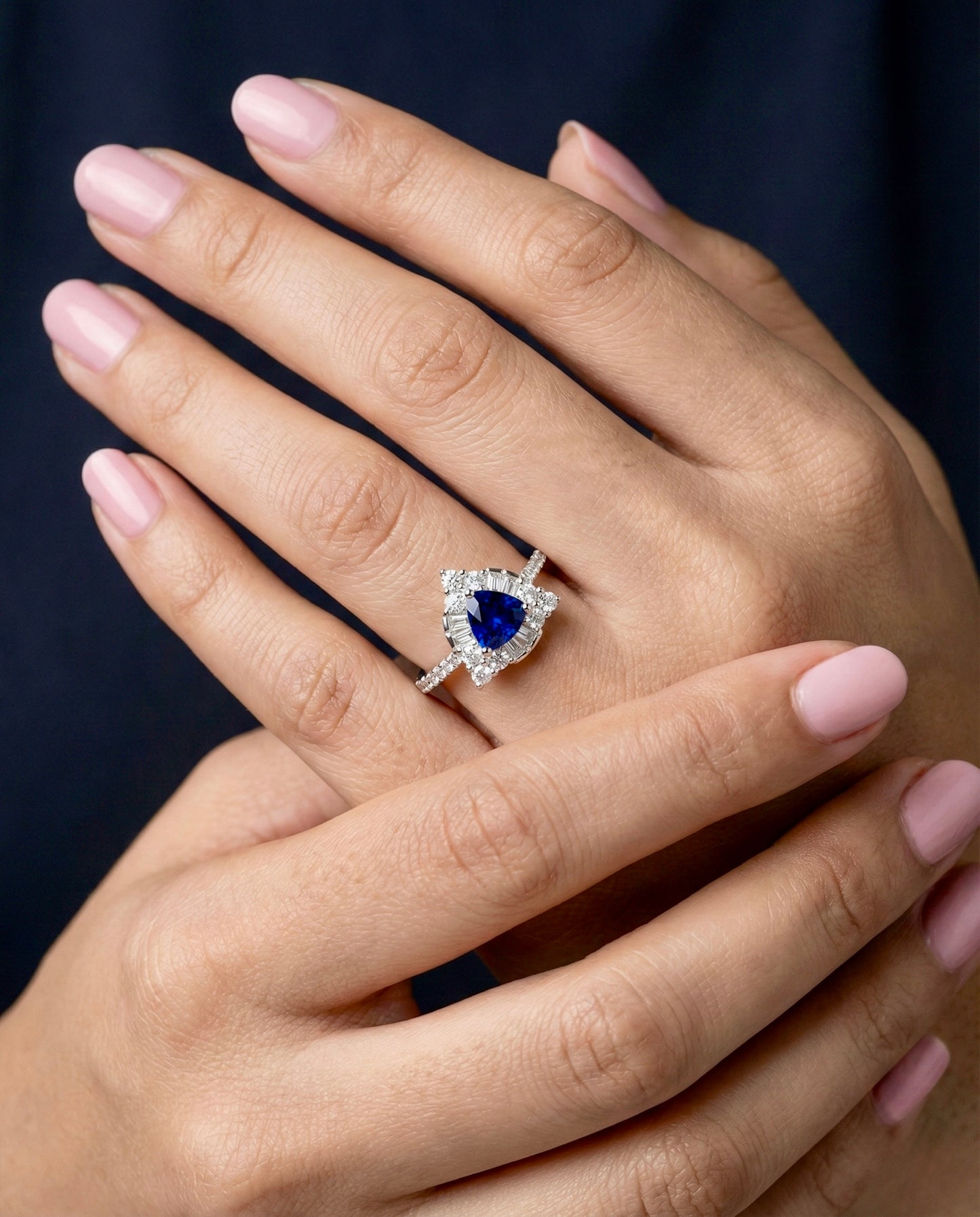 925 Silver Trillion Blue Sapphire CZ Halo Ring | Luxury Designer Statement Ring