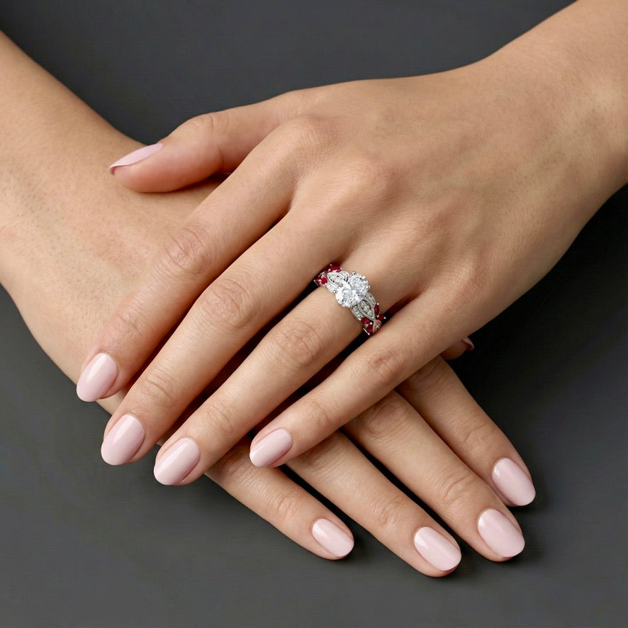 Pink Floral Silver Ring for Women | 925 CZ Oval Centerpiece Ring