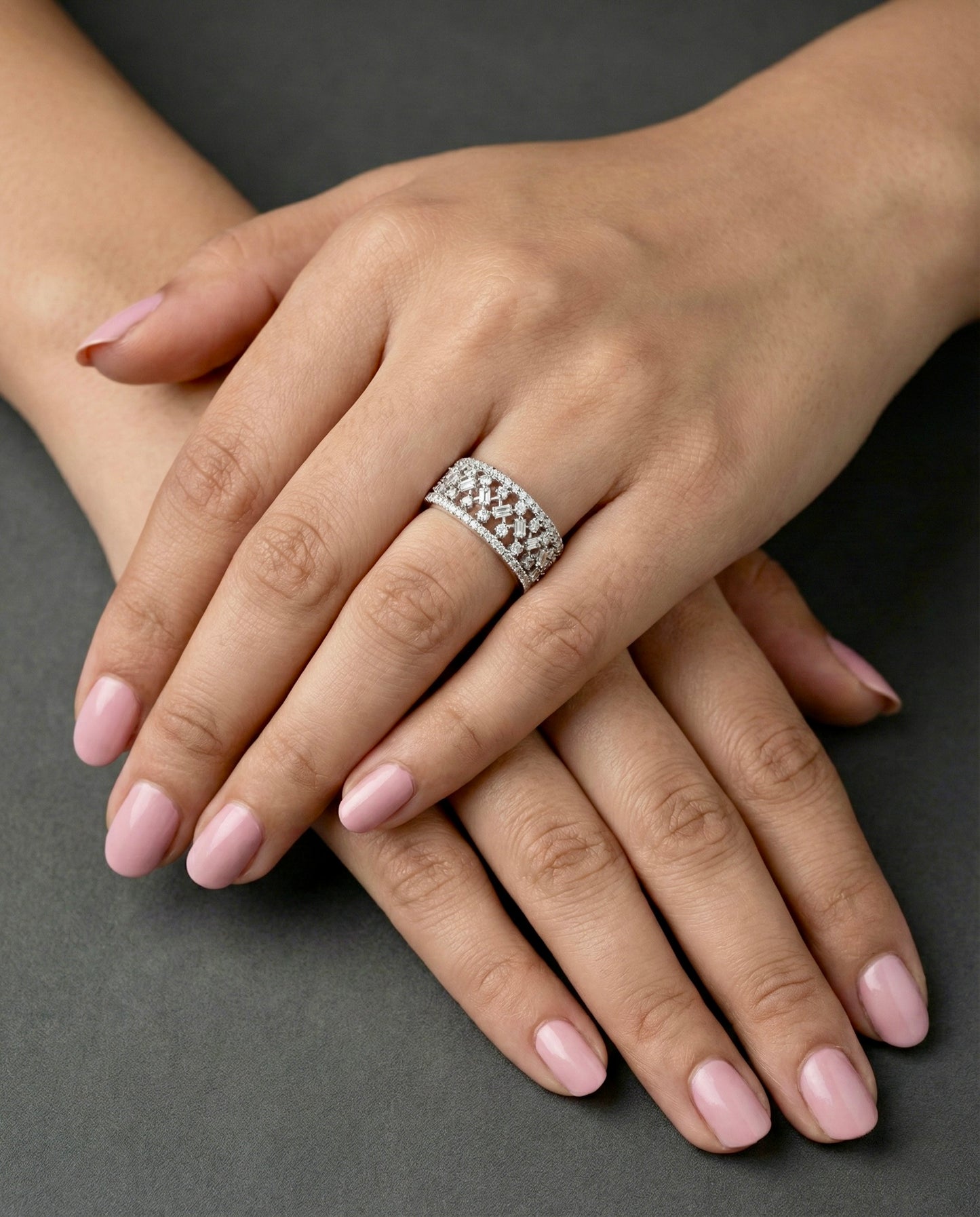 925 Silver Diamond-Cut CZ Band Ring for Women | Wide Sparkling Statement Ring