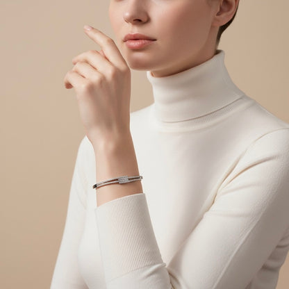 925 Silver Diamond-Style Dual Line Fixed Bangle for Women