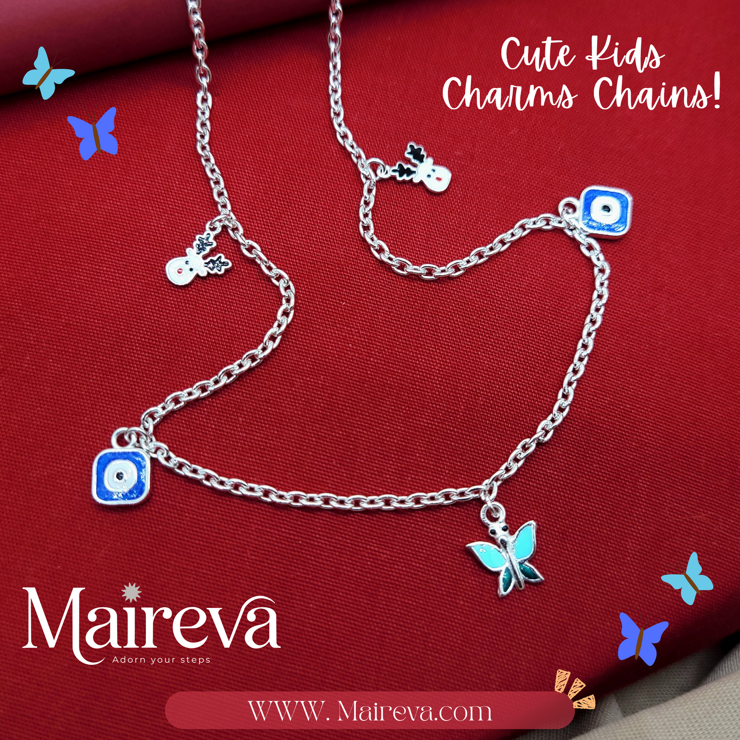 Evil Eye & Butterfly Charm Kids 925 Sterling Silver Chain (Nazar Suraksha)
