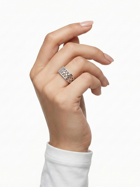 925 Silver Diamond-Cut CZ Band Ring for Women | Wide Sparkling Statement Ring