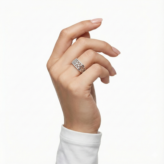 925 Silver Diamond-Cut CZ Band Ring for Women | Wide Sparkling Statement Ring