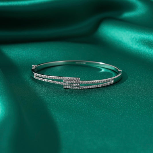 Silver Dual-Bar Pavé Adjustable Bangle