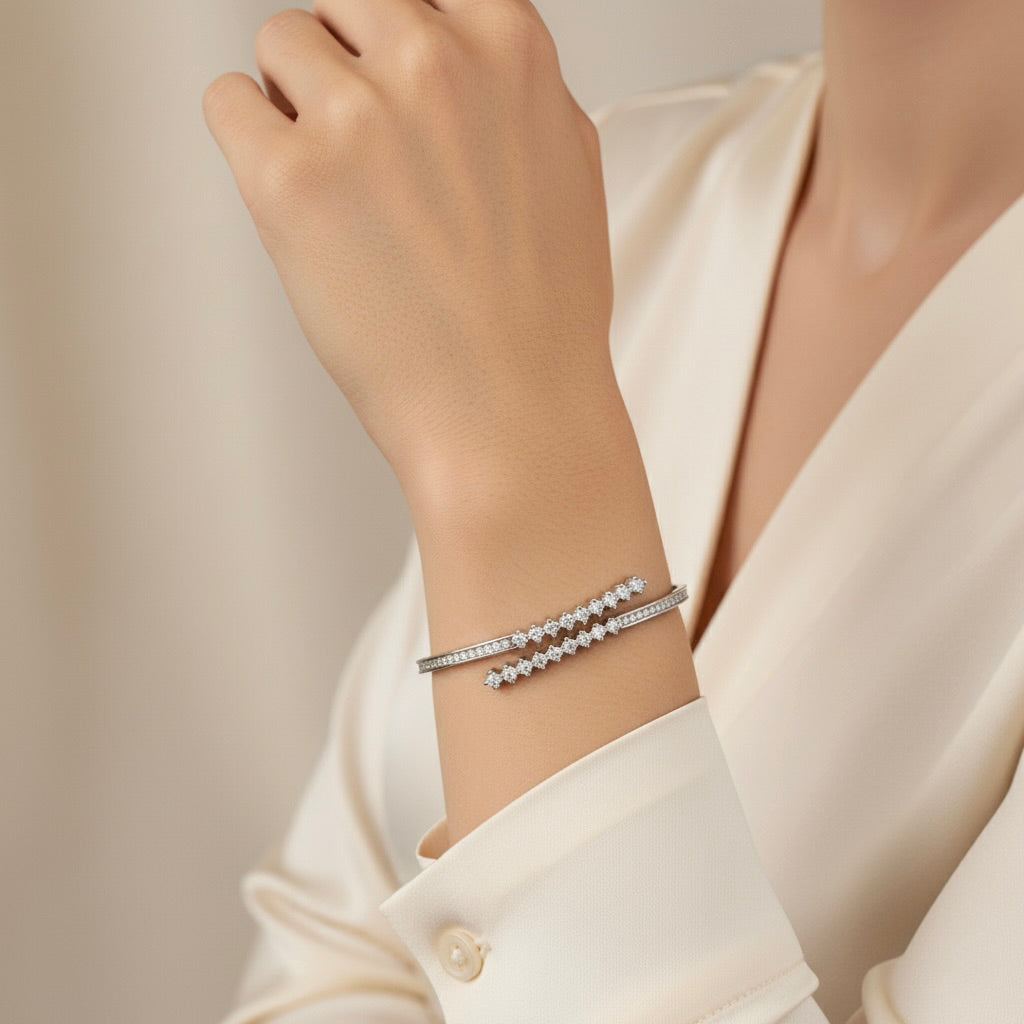 925 Silver Twin Line Adjustable Diamond Cuff Bracelet
