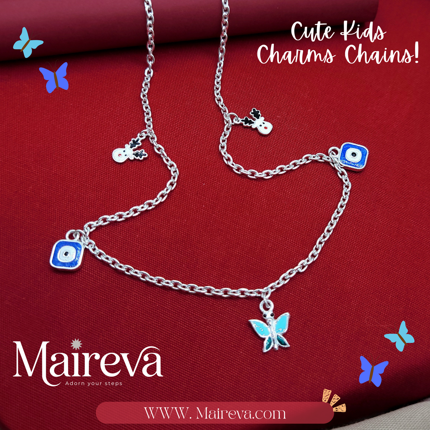 Evil Eye & Butterfly Charm Kids 925 Sterling Silver Chain (Nazar Suraksha)