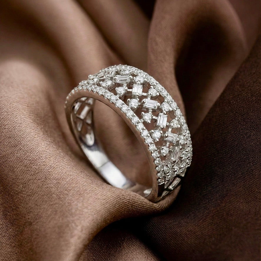 925 Silver Diamond-Cut CZ Band Ring for Women | Wide Sparkling Statement Ring