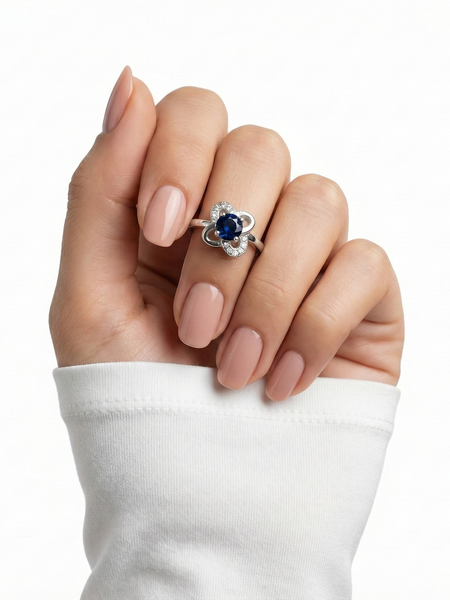 Blue Sapphire Floral Silver Ring for Women | 925 CZ Statement Ring
