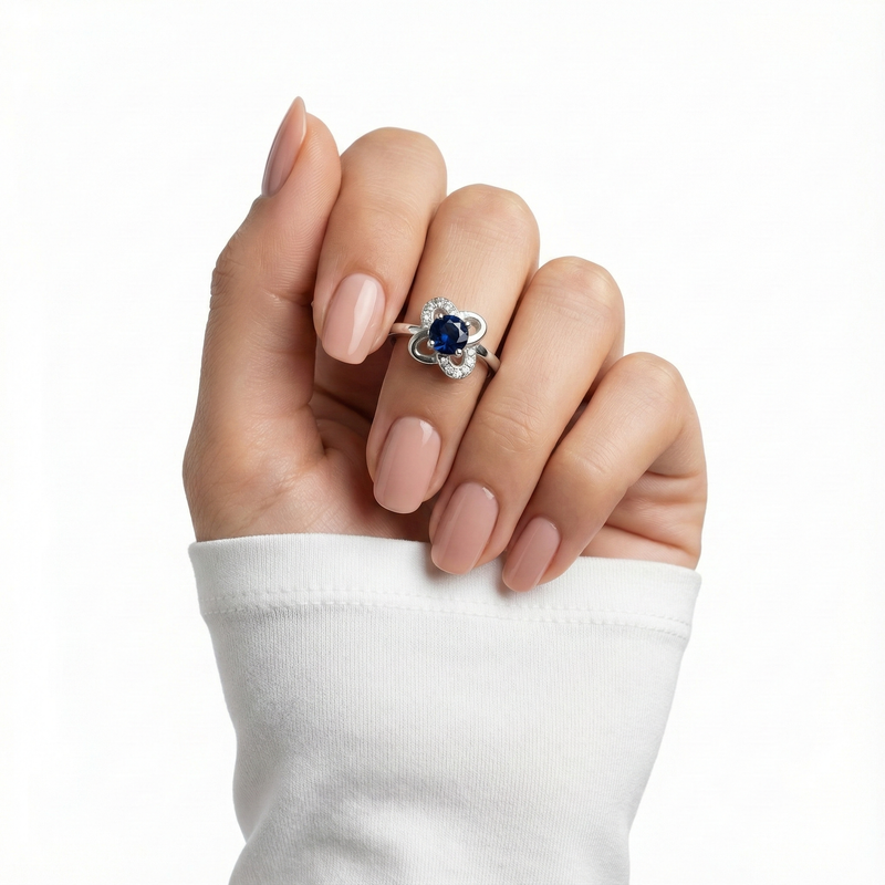 Blue Sapphire Floral Silver Ring for Women | 925 CZ Statement Ring