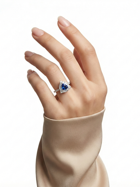 925 Silver Trillion Blue Sapphire CZ Halo Ring | Luxury Designer Statement Ring