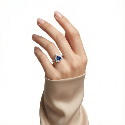 925 Silver Trillion Blue Sapphire CZ Halo Ring | Luxury Designer Statement Ring