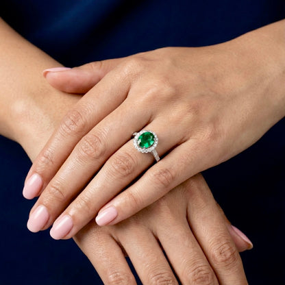 925 Silver Emerald Halo Ring | Green Stone CZ Cocktail Ring