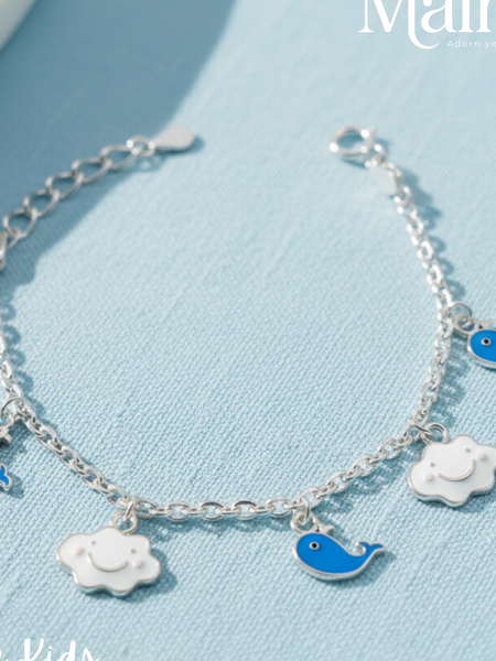 Teddy Bear & Whale Charm 925 Sterling Silver Kids Bracelet (5-Inch)