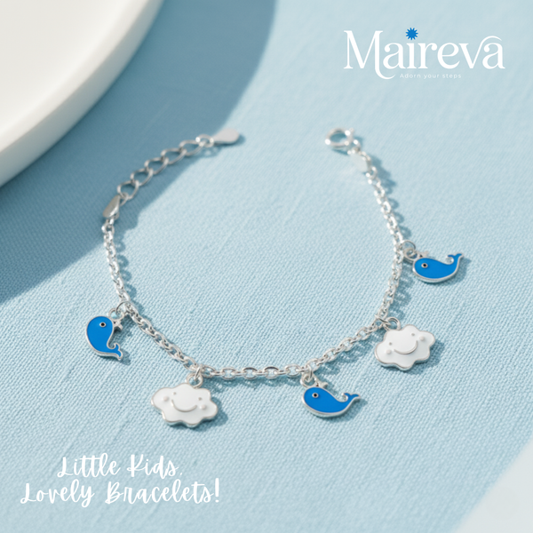 Teddy Bear & Whale Charm 925 Sterling Silver Kids Bracelet (5-Inch)