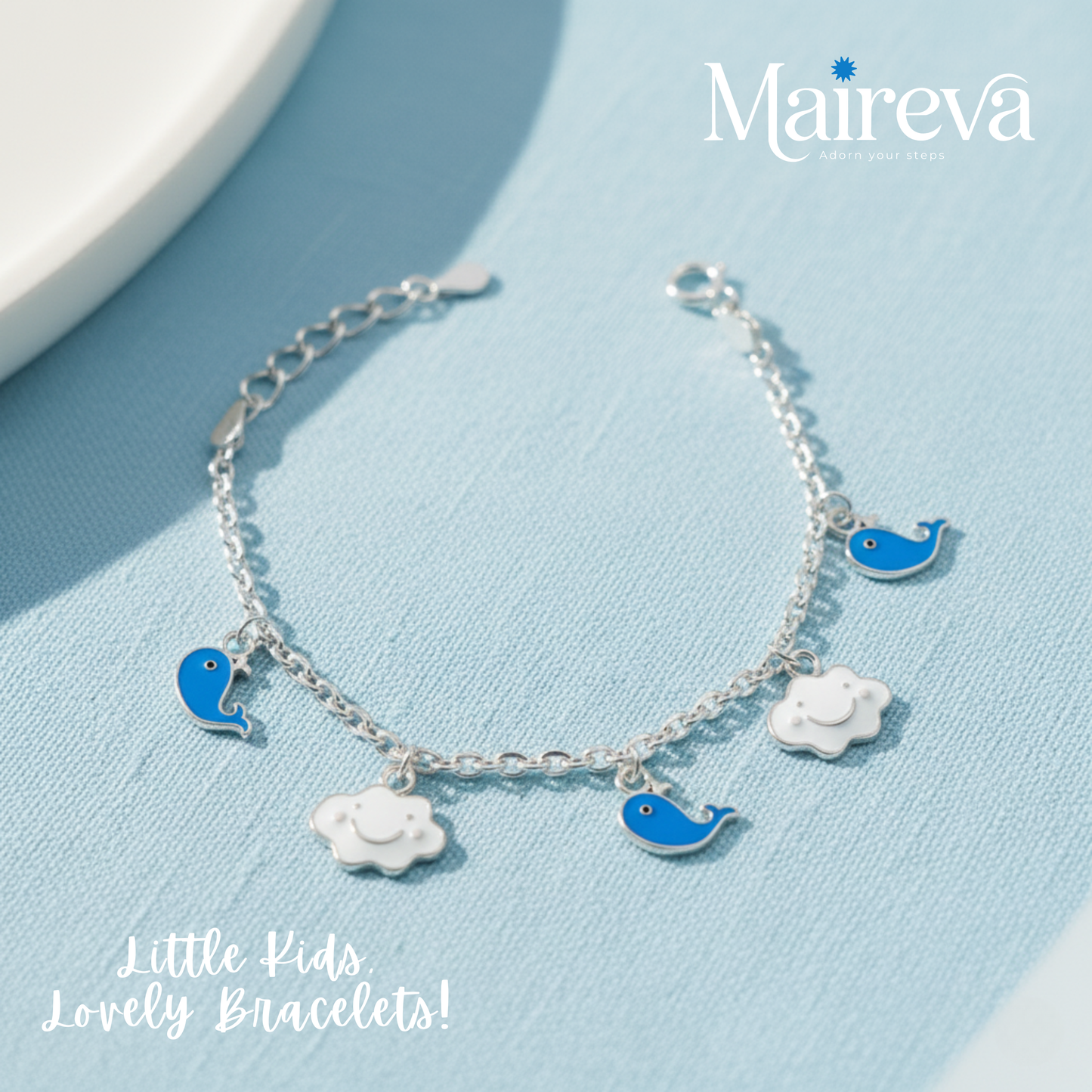 Teddy Bear & Whale Charm 925 Sterling Silver Kids Bracelet (5-Inch)