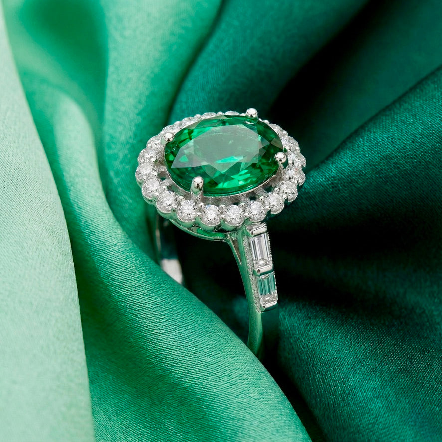 925 Silver Emerald Halo Ring | Green Stone CZ Cocktail Ring